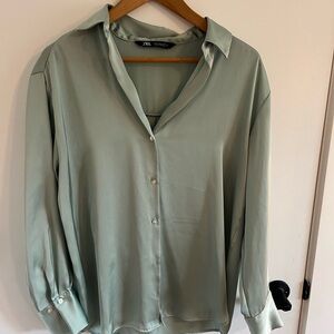 Zara Green Long Sleeve Notched Collar Blouse